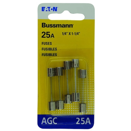 Eaton Bussmann Glass Fuse, AGC Series, Fast-Acting, 25A, 32V AC, 1kA at 32V AC, 5 PK BP/AGC-25-RP